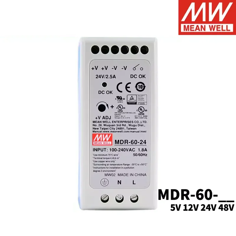 MEAN WELL Industrial Din Rail 60W Single Output Switching Power Supply MDR-60-5 MDR-60-12 MDR-60-24 MDR-60-48