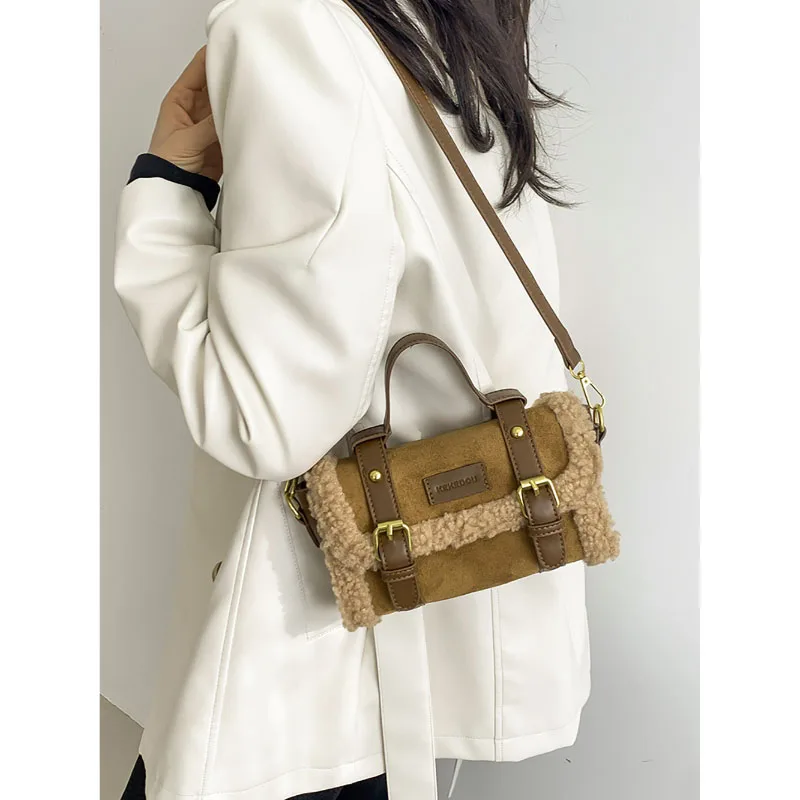 Design Sense Lamb Wool Suede Splice Crossbody Bag Women 2023 New Light Luxury Retro Frosted Shoulder Bag Korean Small Square Bag