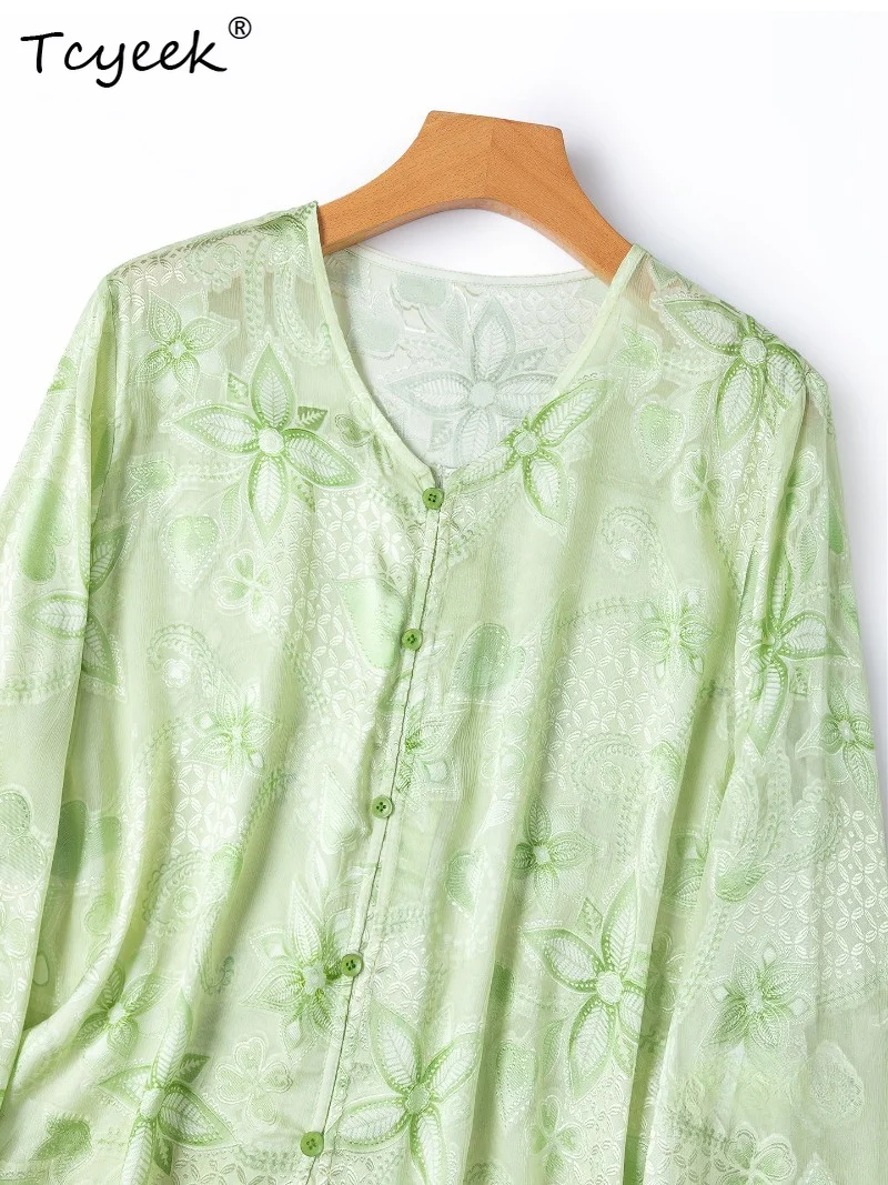 Tcyeek 100% Real Silk Shirts for Women 2026 Spring Fresh Green Semi-transparent Breathable Blouses Ladies Clothing Chemise Femme
