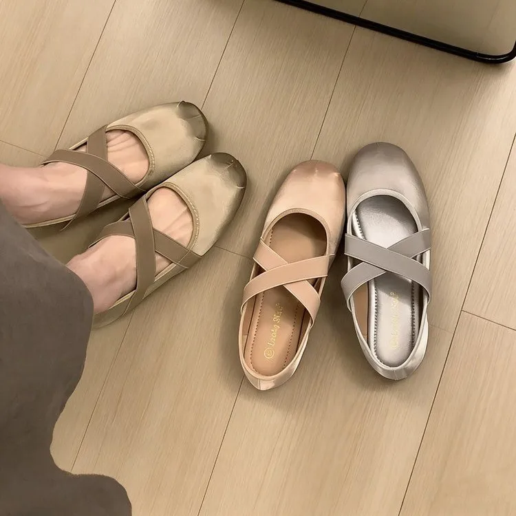 

2026 Spring New Cross Strap Flat Ballet Shoes for Women, French-Style Shallow Soft-Soled Mary Jane Shoes for Outdoor Wear