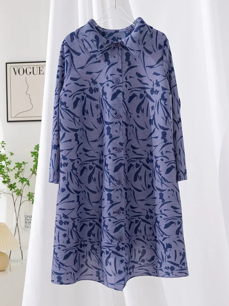 Miyake Pleated Dresses Mid-length Loose Plus Size Dress 2023 Fall New Printing Square Collar Slim Cardigan Women Shirt Dress