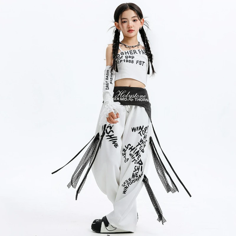 새로운 소녀 재즈 댄스 의상 힙합 코스튬 케이팝 화이트 긴팔 상의 배기 바지 패션 스트리트웨어 패션 캣워크 의상