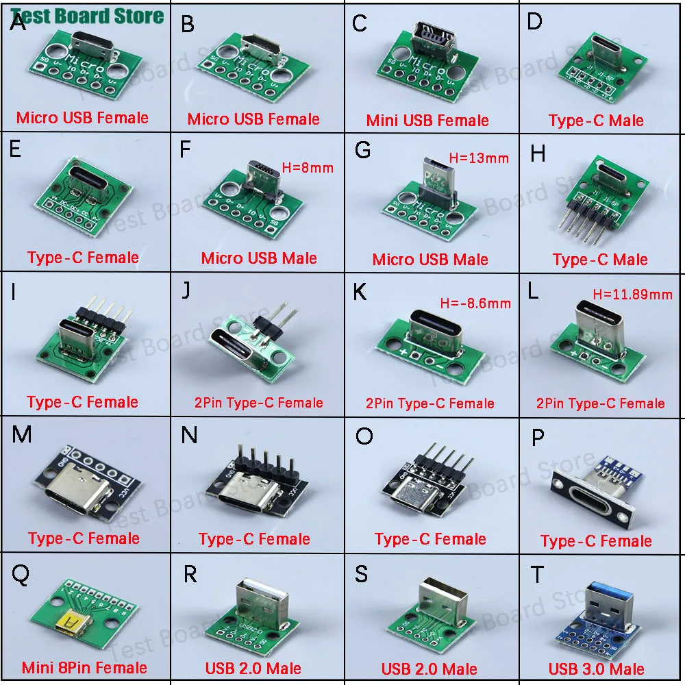 

1Piece Data Charging Cable Jack Test Board with Pin Header 90 Degree Micro Mini USB Type C 2Pin USB 3.0 2.0 Female Male Connecto