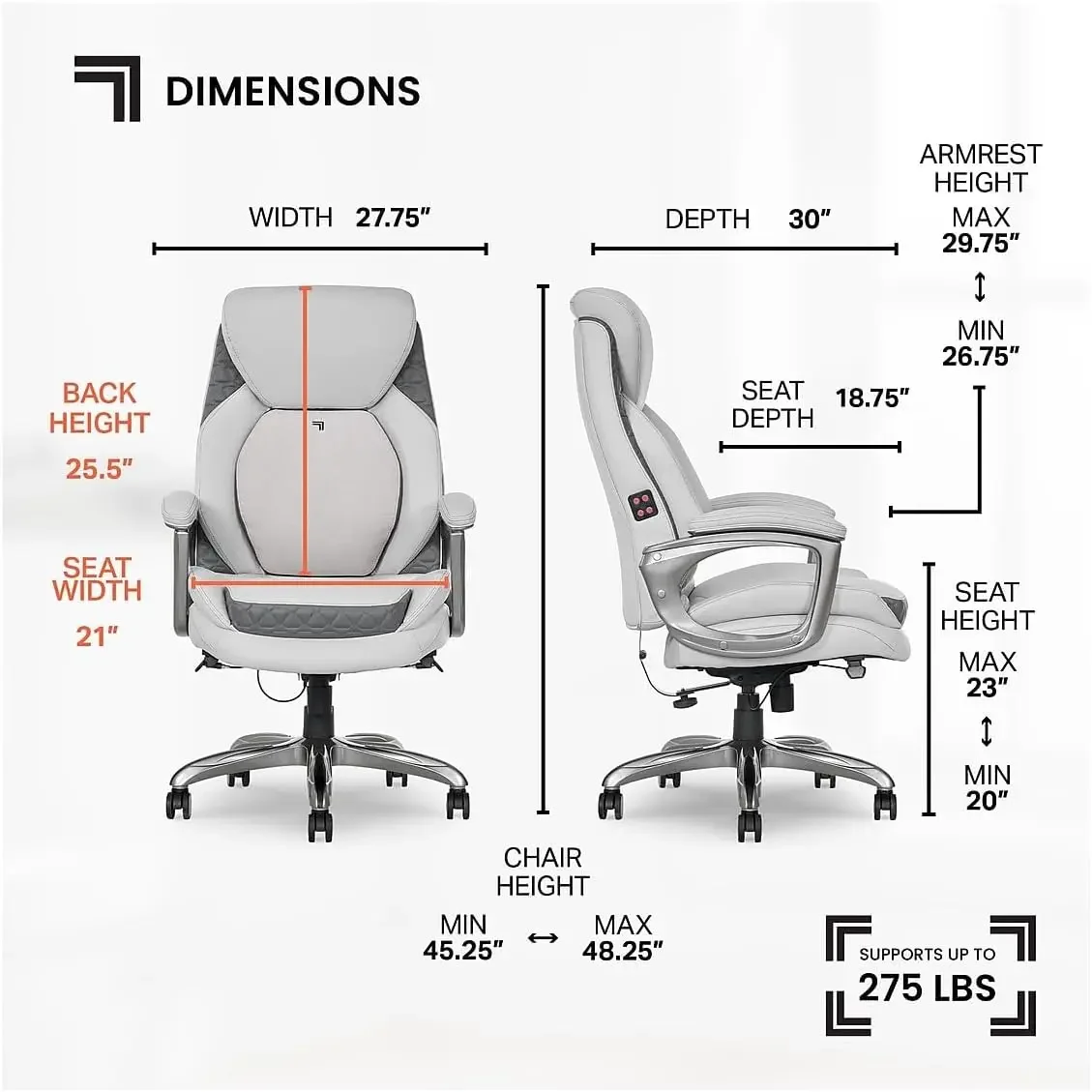 Sharper Image S600 Active Lumbar Ergonomic Bonded Leather Swivel Executive Massage Chair, White/Gray
