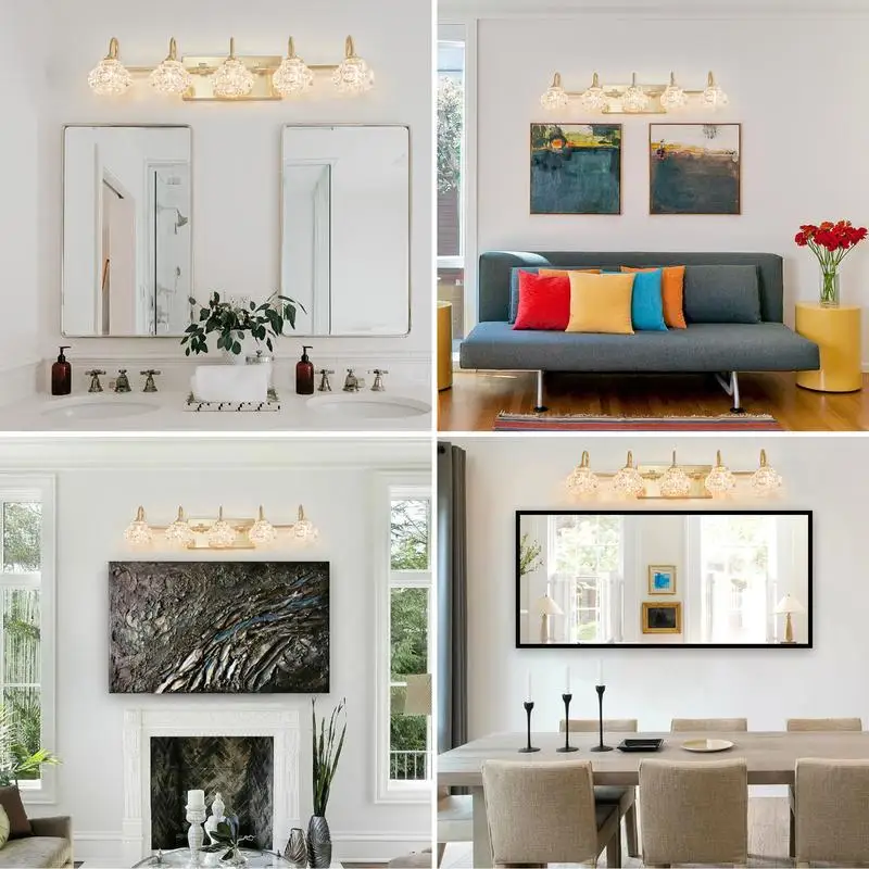 Modern Crystal 5-Light Bathroom Vanity Light, Golden Wall Sconce with Clear Glass Shade, Elegant Wall Mount Lighting for