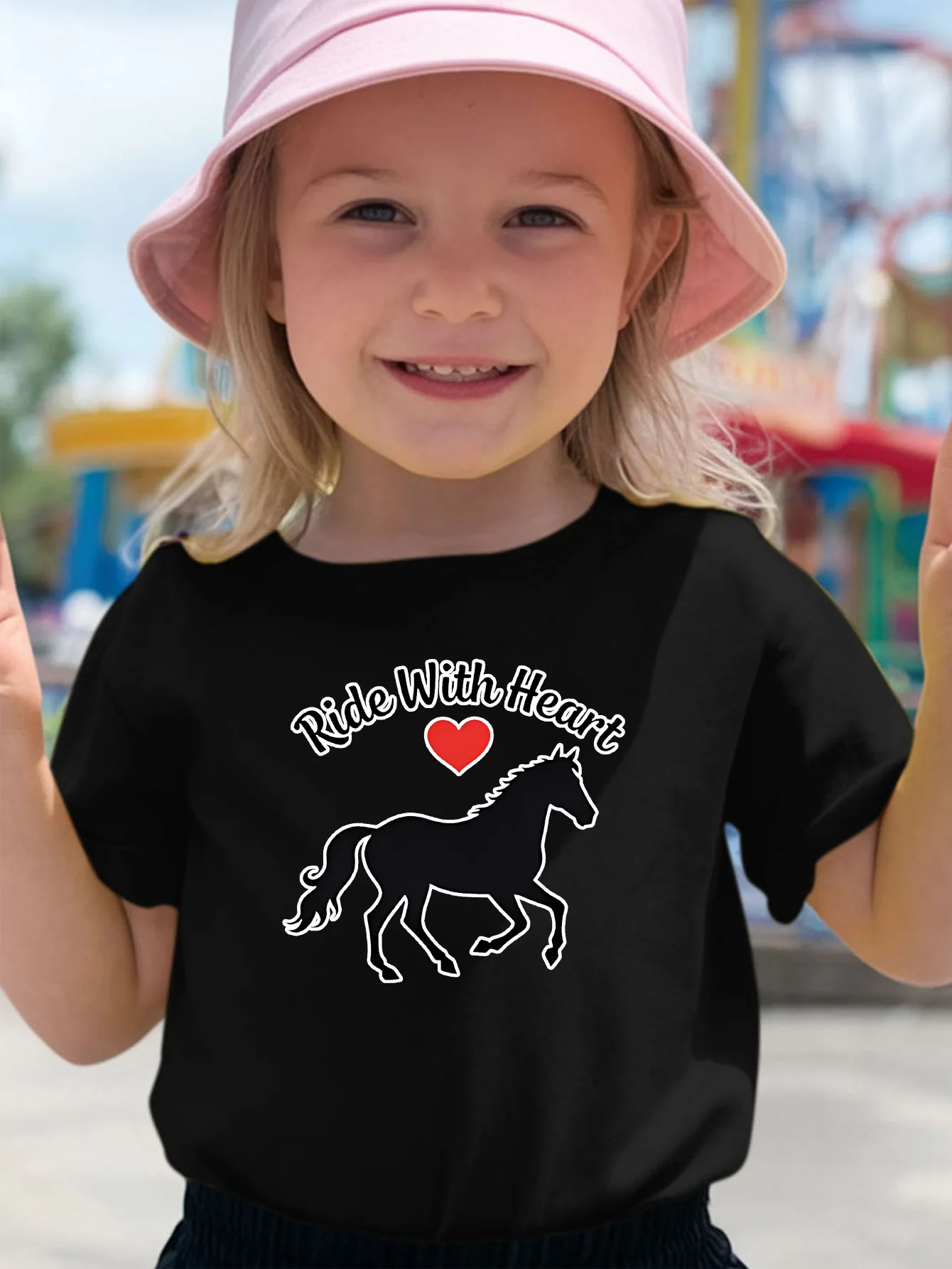 Ride With Heart Horse Red Heart Graphic Kids Tee Boys Girls Family Matching Cotton Crew Neck Short Sleeve Soft Casual Summer Tee