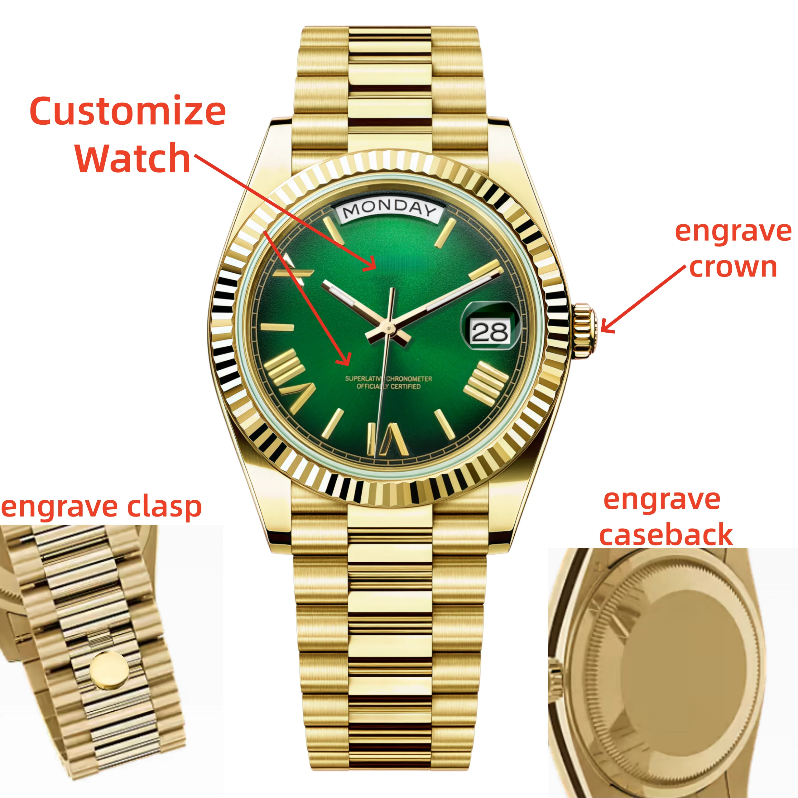 Customize Automatic Men Watches Luxury Gold MIYOTA 8285 Mechanical Clock Week Date Calendar Sapphire Glass Waterproof President