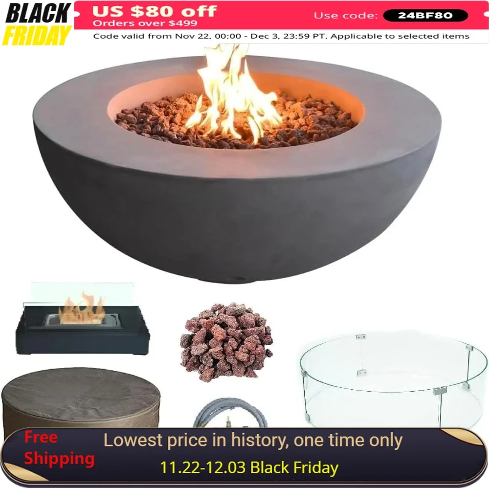 

Fire Pit Table, Canvas Cover, Lava Rock Included, Natural Gas, Free Wind Guard, Elementi Lunar Bowl Cast Concrete Fire Pit Table