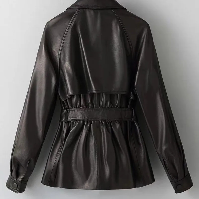 2026 Spring Autumn Female Haining Suit Collar PU Leather Jacket Lace-up Waist and Thin Korean British Trench Coat Women Clothing