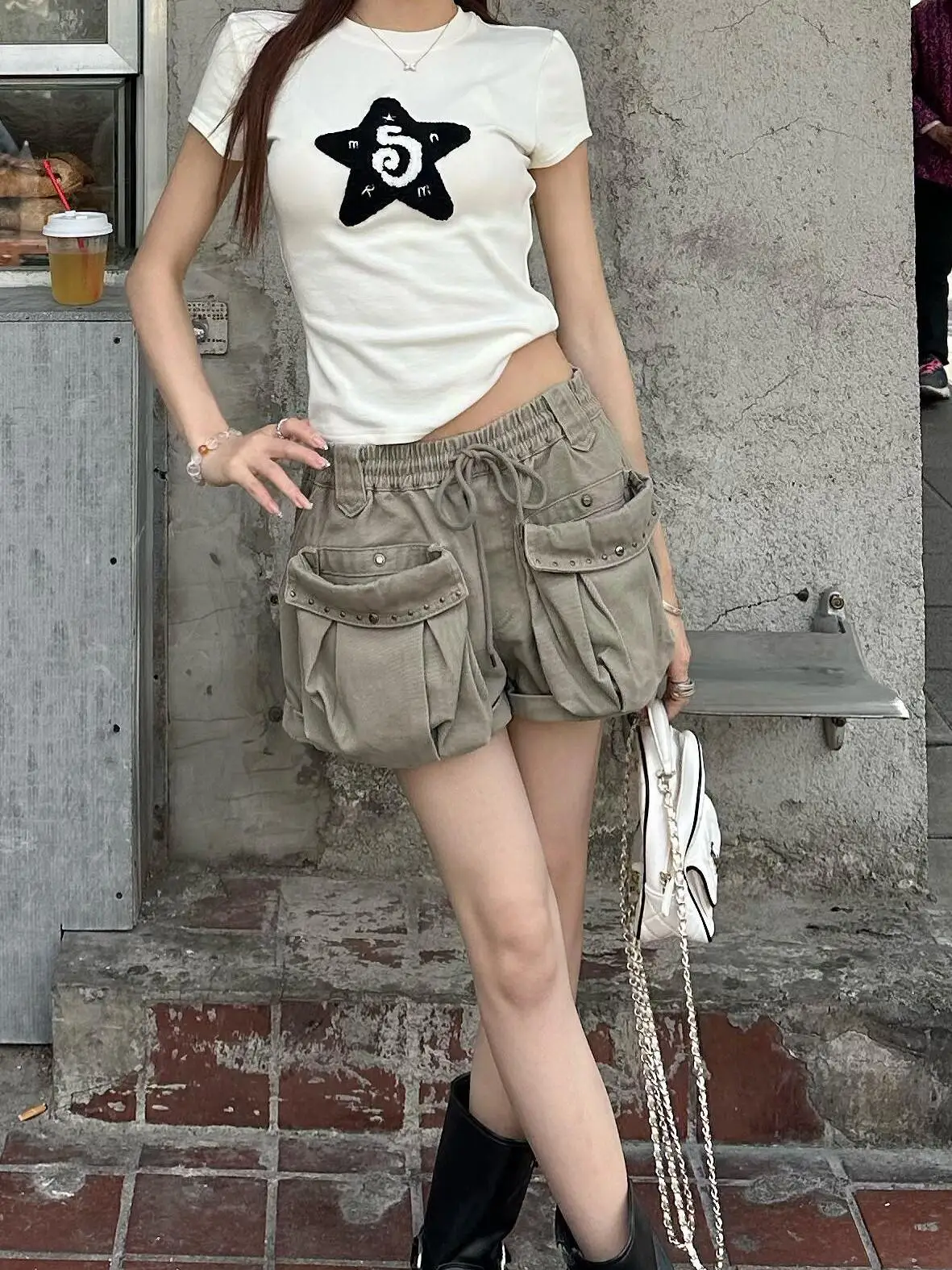 Retro Distressed Workwear Loose Shorts Women Summer New Drawstring Elastic Waist Rivet Double Pocket Design Hot Pants