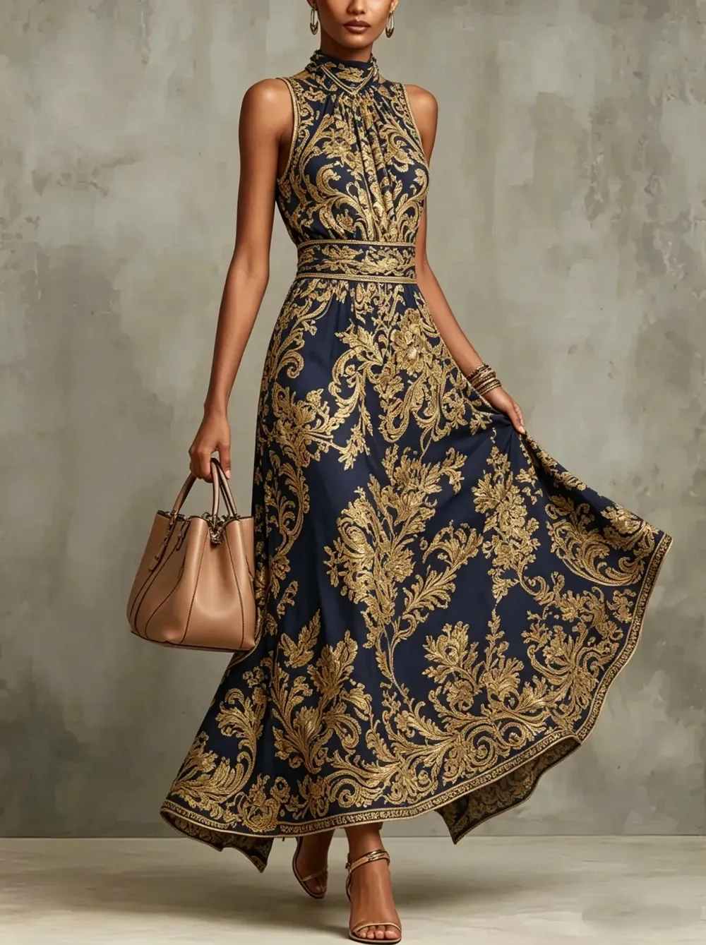 Baroque Print Halter Neck Maxi Dress Sleeveless High Waist A-Line Formal Evening Gown Elegant Vintage Party Dress for Women