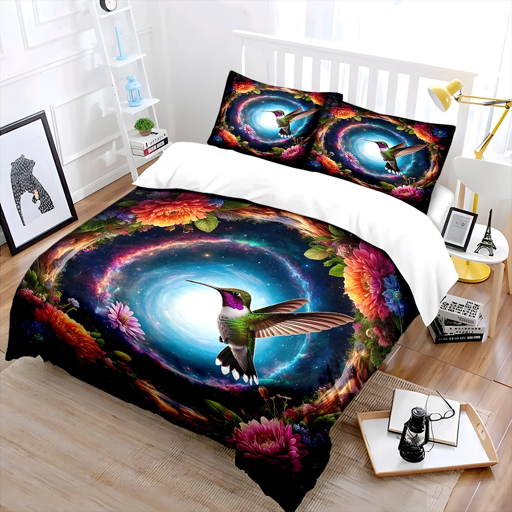 Dreamy floral ring and dancing hummingbird Print Soft Comfortable Duvet Cover Bedding Set Included 1*Duvet Cover  2*Pillowcases