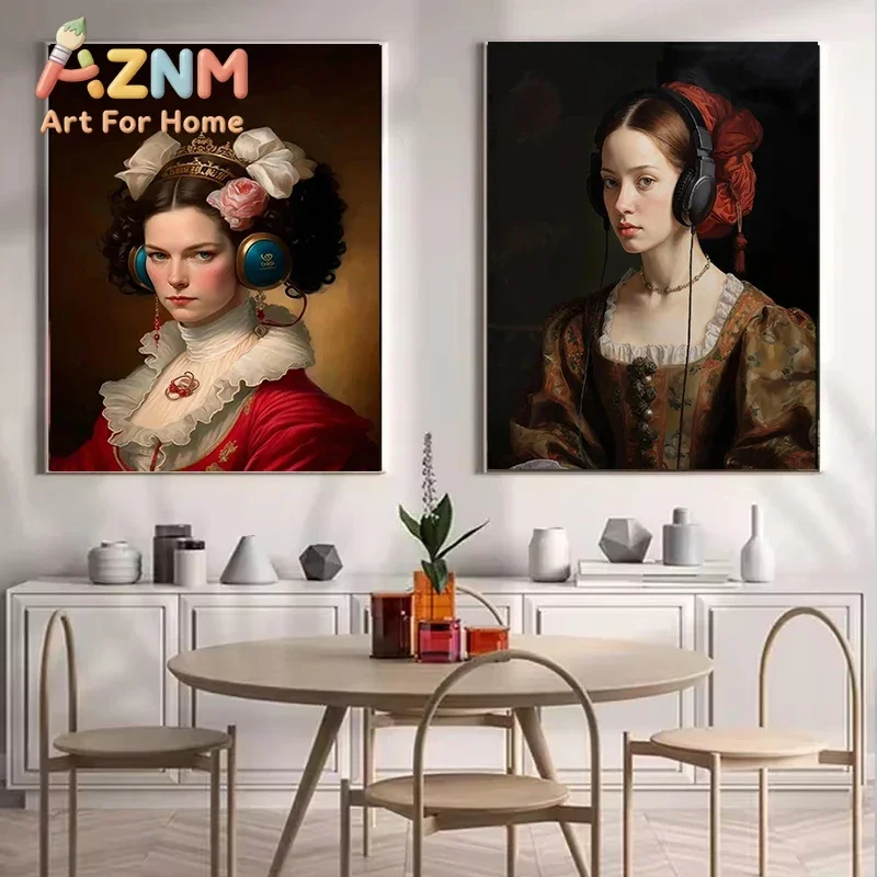 Renaissance Woman Wearing Headphones Figure Poster Print Vintage Altered Art Canvas Painting Baroque Bedroom Home Decor Picture