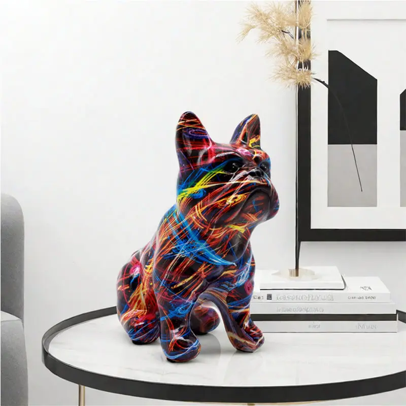 Graffiti Resin French Bulldog Statue Sculpture Colored Animal Dog Art Figurine Decoration for Living Room Home Table Ornaments