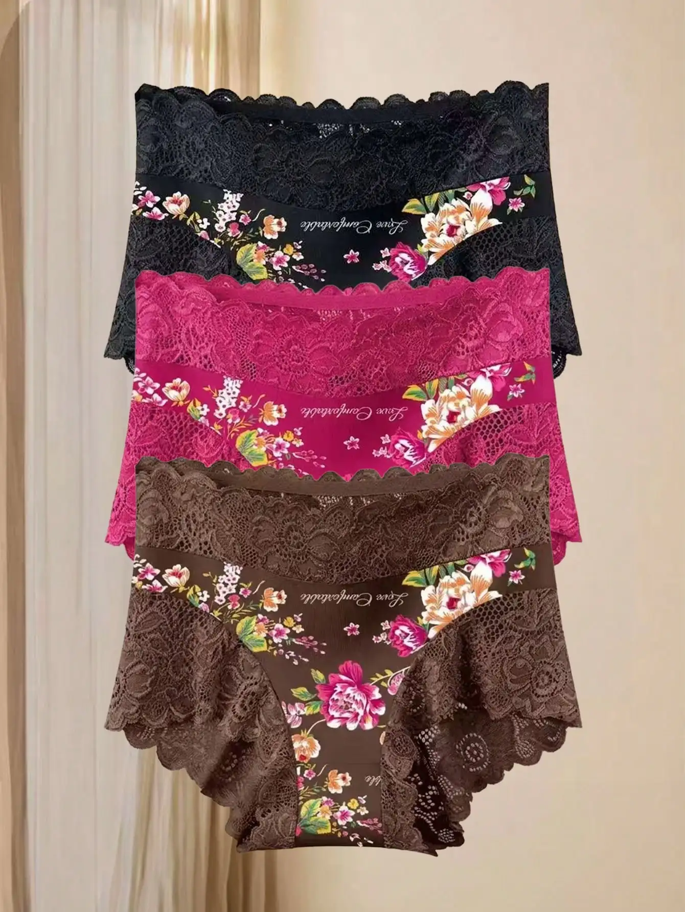 3Pcs Floral Print Lace Mid-rise Panties  Vintage Floral High Elastic Comfort Underwear Women Trendy Popular Briefs，Ideal for Dai