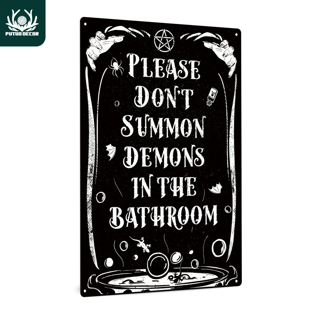 Putuo Decor 1 Stück Vintage-Metallblechschild, bitte beschwören Sie Dämonen im Badezimmer, für Halloween-Party, Halloween-Geschenk