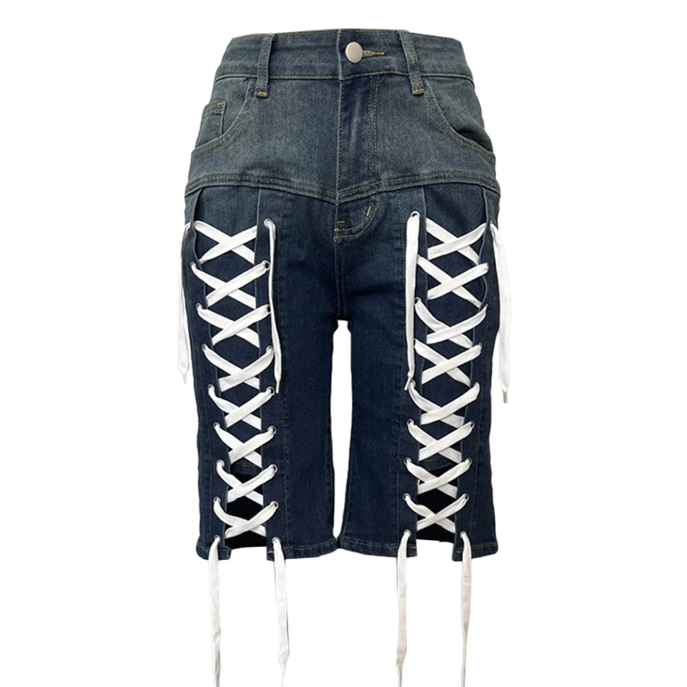 HLJ&GG American Vintage Fashion Bandage Straight Jean Shorts Women High Waisted Button Loose Denim Shorts Female Cowboy Bottom
