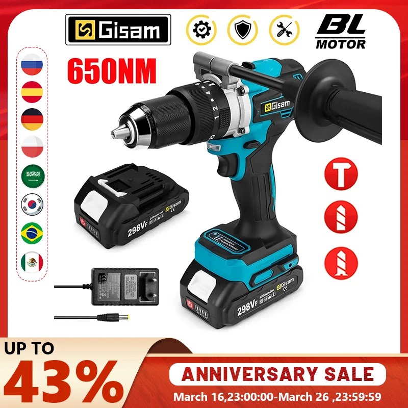 Gisam 650NM Brushless Electric Impact Drill 13MM Chuck Driver Cordless Electric Screwdriver Power Tool for Makita 18V Battery