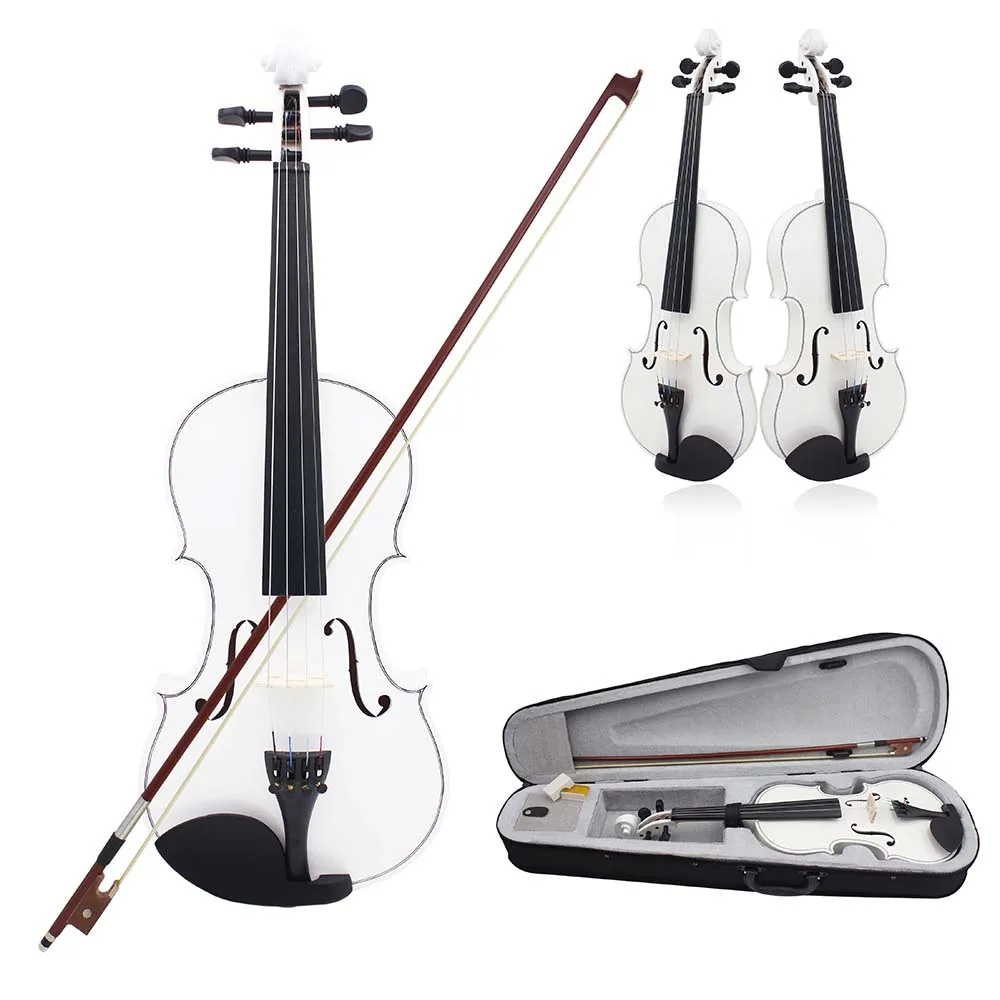 Violín blanco con estuche, arco, cuerdas, sintonizador, mudo, accesorios de puente de violín, juegos de violín, adecuado para principiantes, 4/4