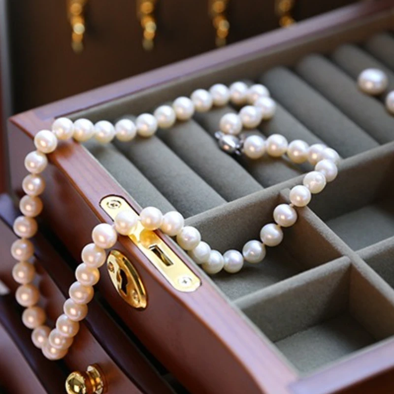 صندوق مجوهرات من الخشب الصلب مرآة القرط صناديق تخزين القلائد الفاخرة الرجعية سوار عرض القضية مع قفل منظم المجوهرات