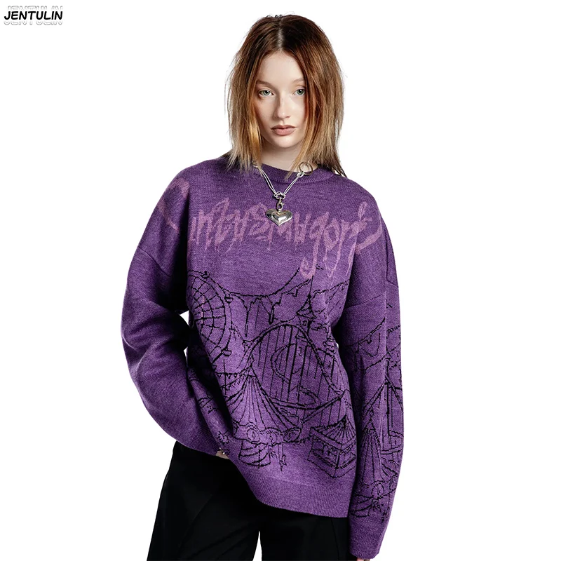 Sweater Rajut Pria Berkualitas Tinggi Musim Gugur Y2k Kerah Bulat Lengan Panjang Model Slim Fit Warna Ungu Motif Grafis Gothic Streetwear Pria