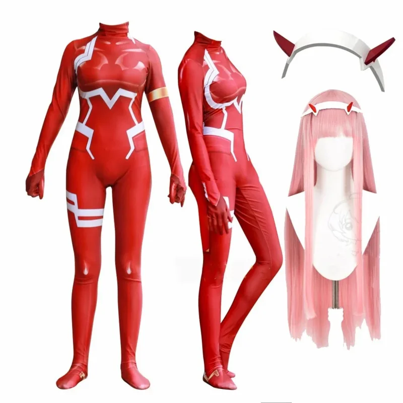 Cos Anime Darling In The Franxx 02 Zero Two disfraz de Cosplay para mujer disfraz de Halloween peluca mono con estampado 3D traje Zentai