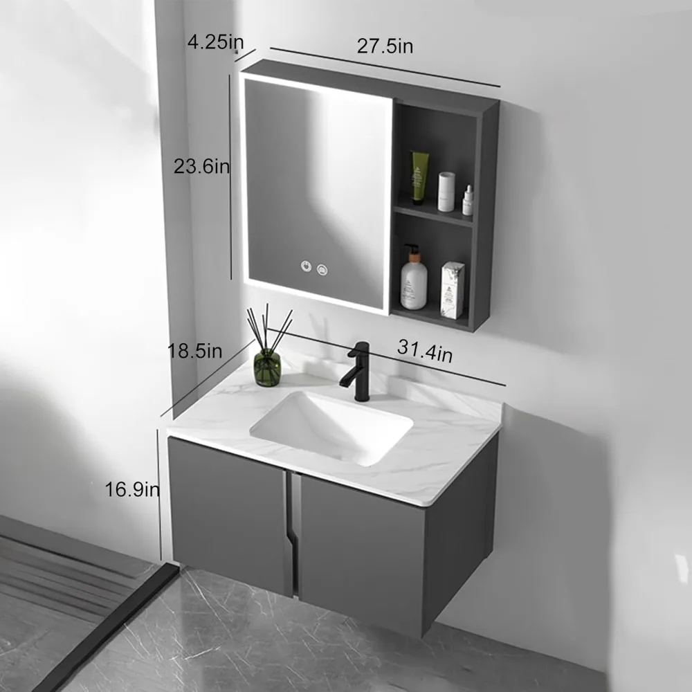 Bathroom Vanity Sink Set - Wall Mounted Floating Vanity Cabinet with Sink  Intelligent Vanity Mirror with LED Lights