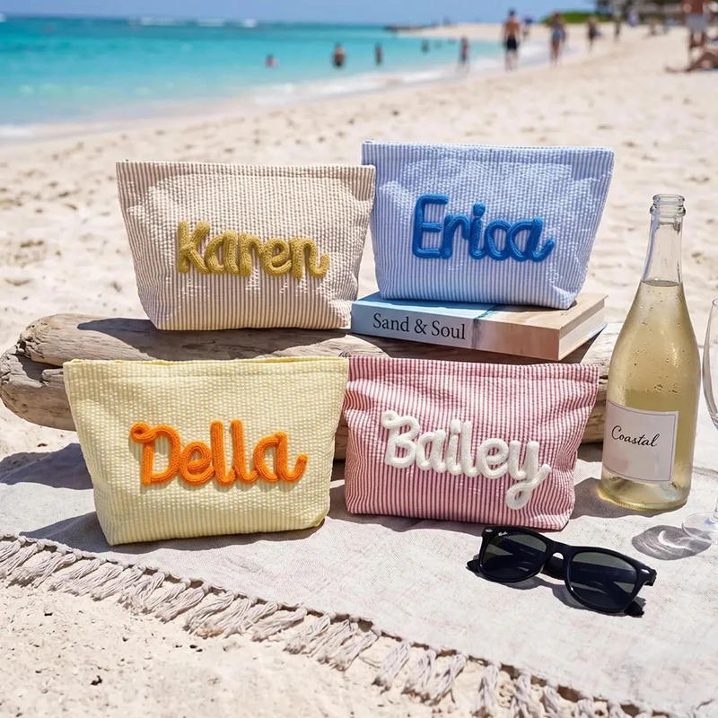 Custom Seersucker Makeup Bag Vacation Travel Pouch Personalized Chenille Name Toiletry Bag Summer Beach Bag Back-to-School Gift