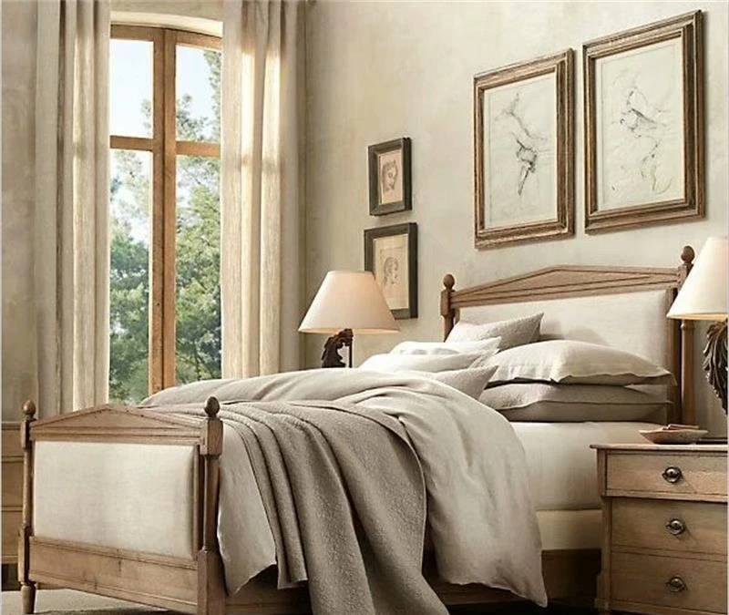 American country solid wood oak bed retro old 1.8 meters double fabric soft bed master bedroom