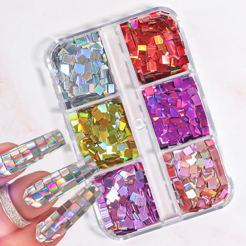 6 Grids Square Nail Art Glitter Sequins Laser Color Disc Ball Decoration Flakes Manicure Nails Supplies Professional Accessories