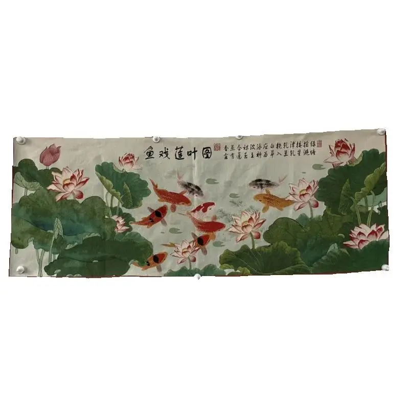 Chinese Old Color Brocade Embroidery Artwork Fish Play with Leaves Painting Decorative Home Decor Piece