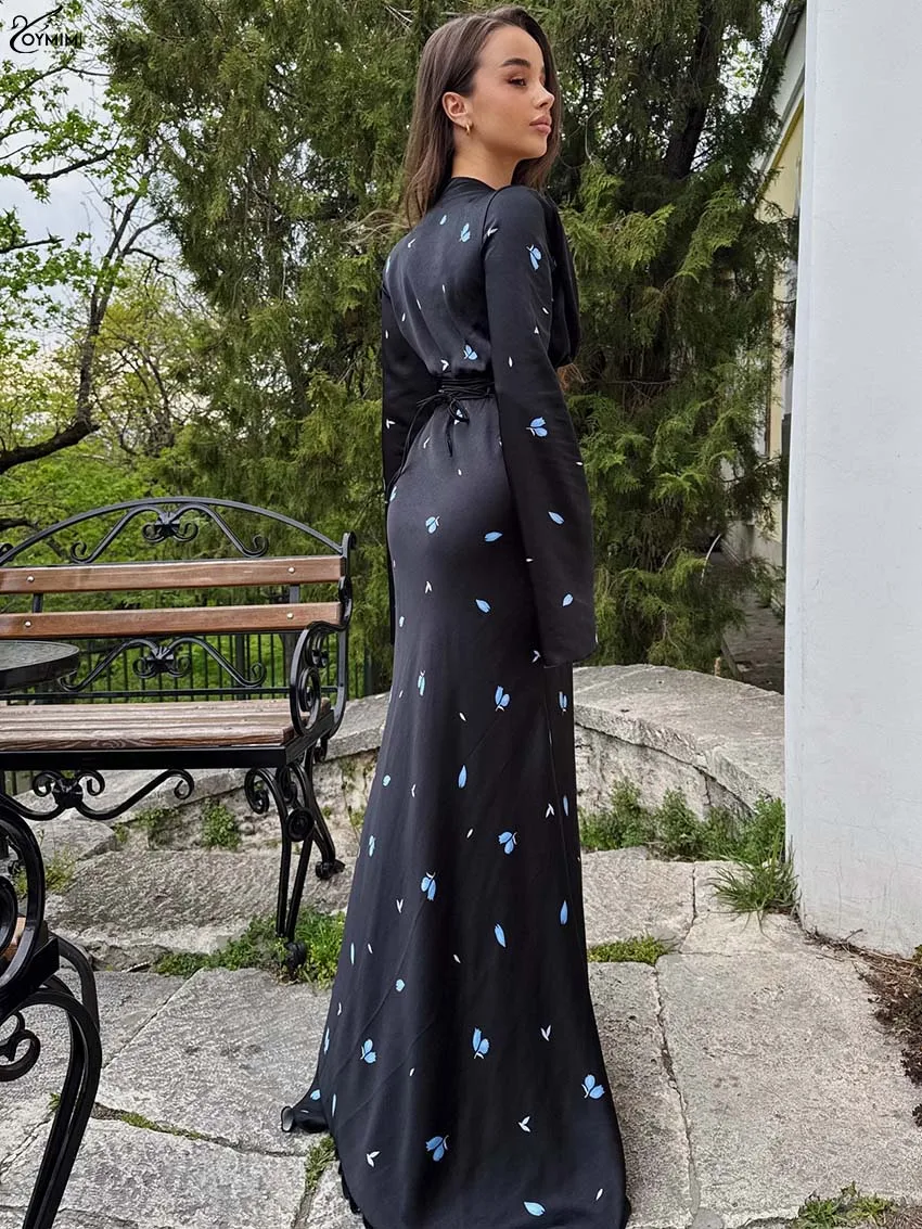 Oymimi elegante vestido feminino estampado preto moda cetim com decote em v manga comprida vestidos de renda outono cintura alta vestidos até o chão