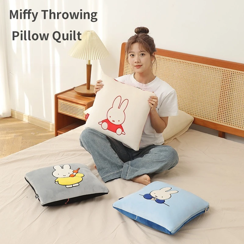 Miffy Kawaii Anime Cartoon Rabbit Pillow Quilt Multifunctional 2-in-1 Embroidery Cushion Quilt Air Conditioning Office Blanket