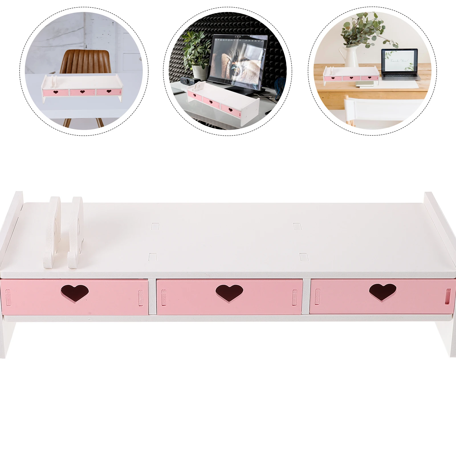 White Pink Computer Heightened Shelf Stand Lapdesk with Drawer Computer Desktop Organizer Office Riser Monitor Bracket Stand