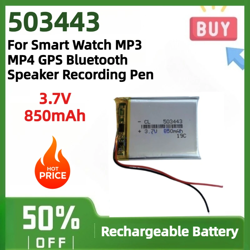 503443 3.7V 850mAh Akumulator Li-Polymer do Smartwatcha, MP3, MP4, GPS, Głośnika Bluetooth, Długopisu Nagrywającego, Urządzenia Inteligentnego