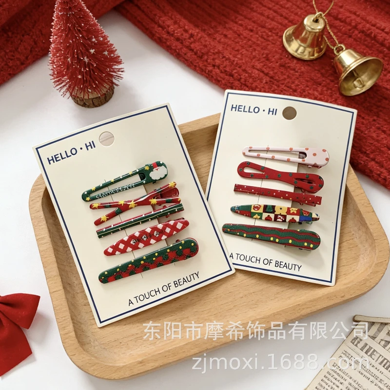 

2026 Christmas New Duckbill Clips Red & Green Plaid Polka Dot Kids Forehead Hair Clips Elk Metal Bangs Clips for Girls Toddlers