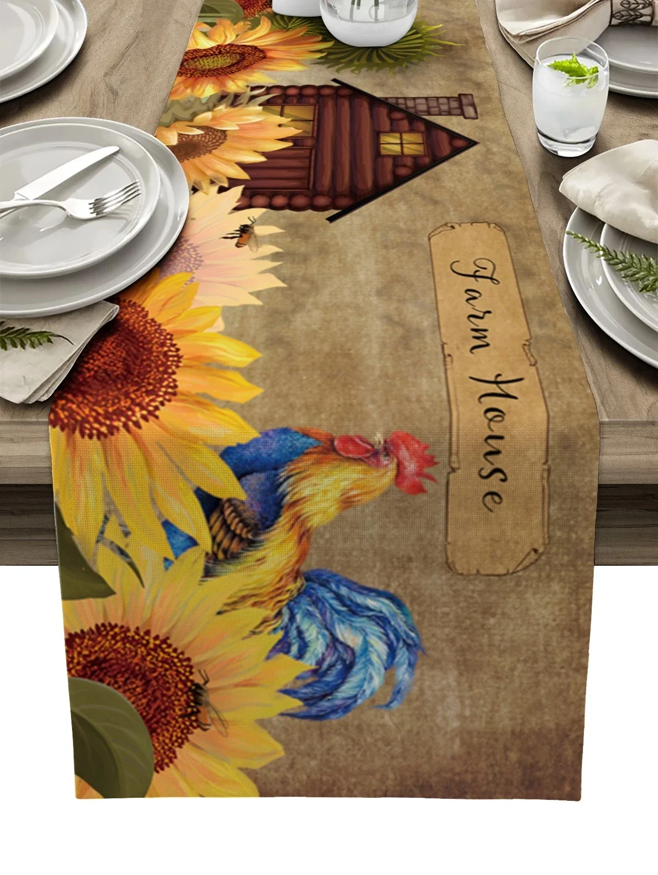 

Vintage Farm Sunflower Rooster Linen Table Runners Kitchen Table Decoration Reusable Dining Table Runners Wedding Party Decor