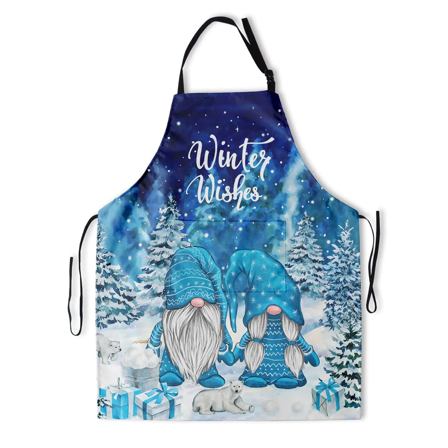 

Blue Gnomes Apron Winter Wishes Waterproof Kitchen Apron Adjustable Cooking Aprons for Men Women Gardening Baking