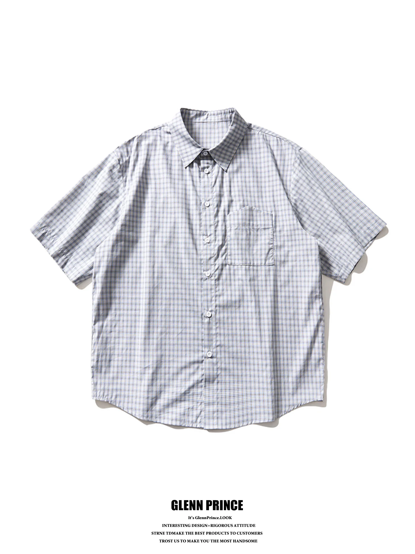 

Loose Fit Men's Short Sleeve Shirt GPstudio American Retro Light Blue Plaid Lazy Style Handsome Cotton Casual Shirt Trendy