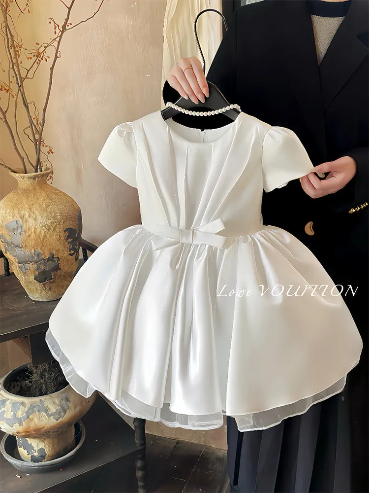 

White Satin Flower Girls Dress Summer Puff Sleeve Pearls Neck Princess Gown Kids Birthday Party Baptism Performance Tutu Dresses
