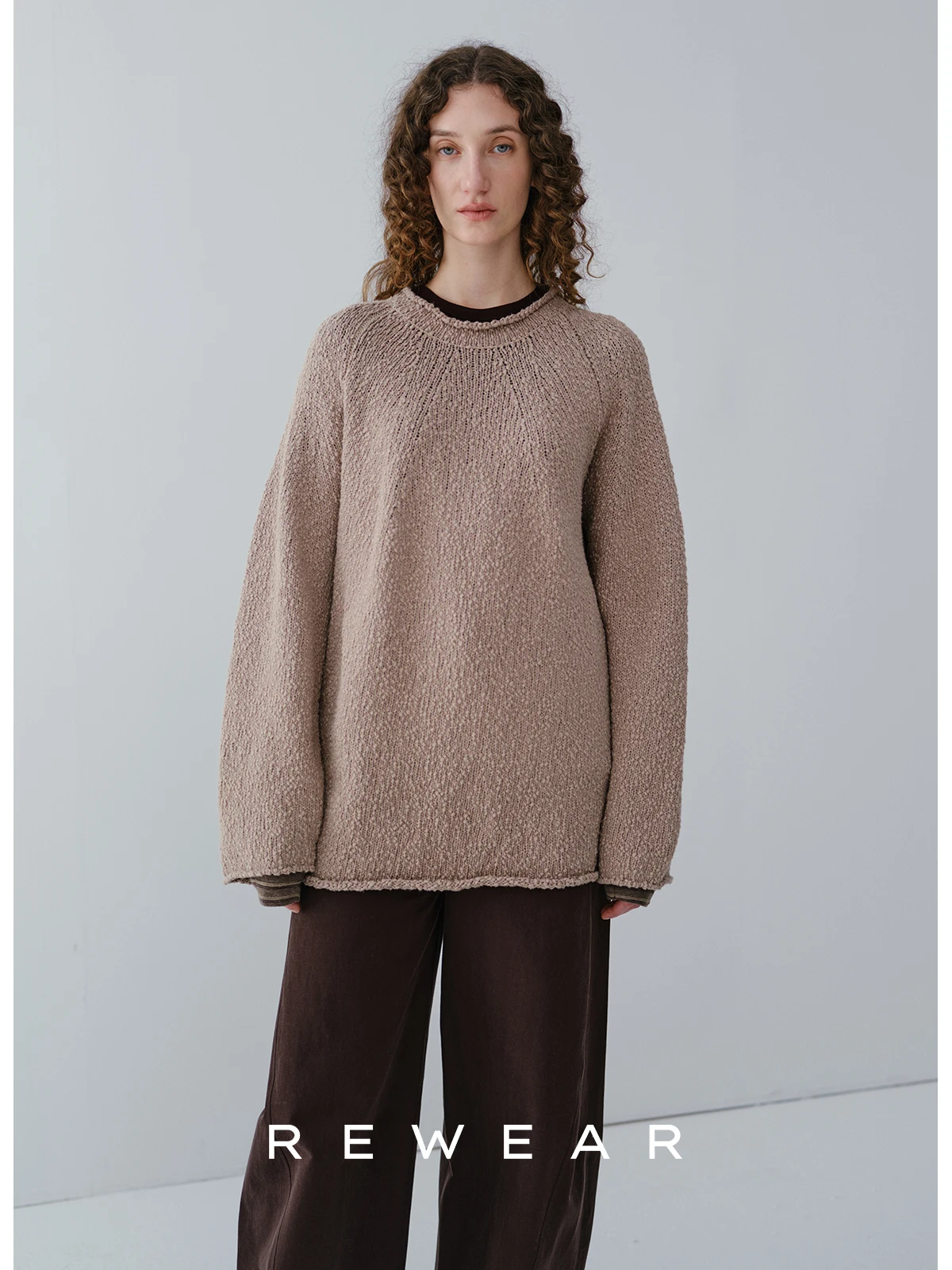 

Вязаный свободный женский свитер REWEAR с длинными рукавами и круглым вырезом, 100% хлопок, зимний, повседневный, модный