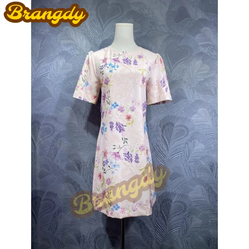 

Brangdy Luxury 2025 Summer New Round Neck Printed Beaded Short Sleeve Dress