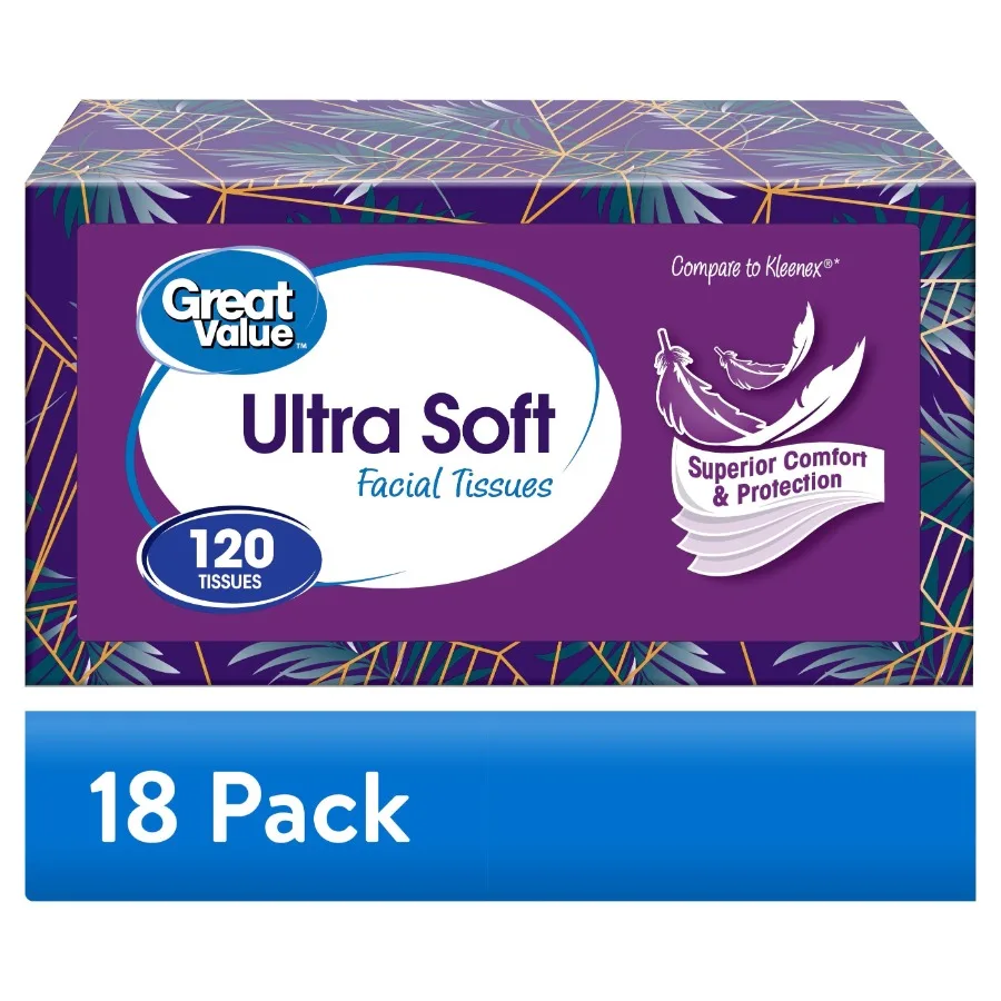 

18 pack Ultra Soft Facial Tissues, 1 Flat Carton, 120 Tissues per Flat, 3-Ply, Compare to Kleenex®