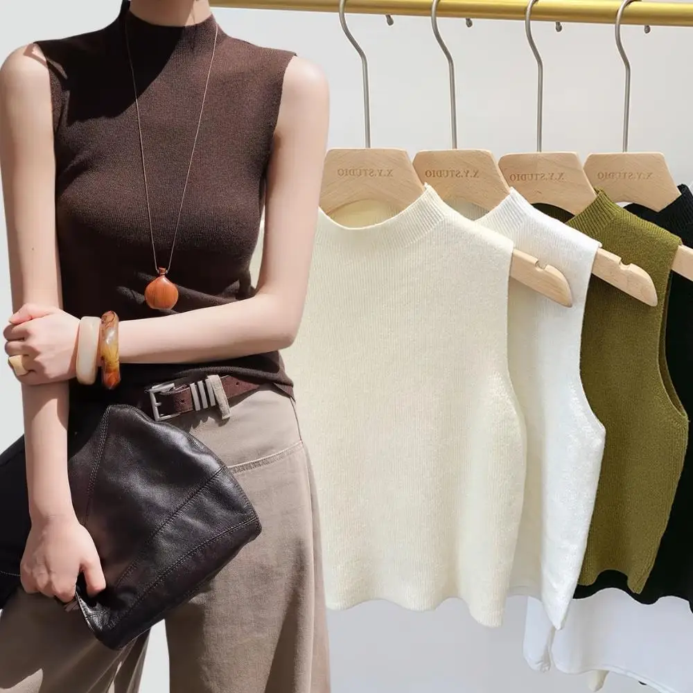 ファッション女性のベストニットタンクトップ春秋ノースリーブハーフタートルネックブラウスシャツ秋セータープルオーバー Tシャツ