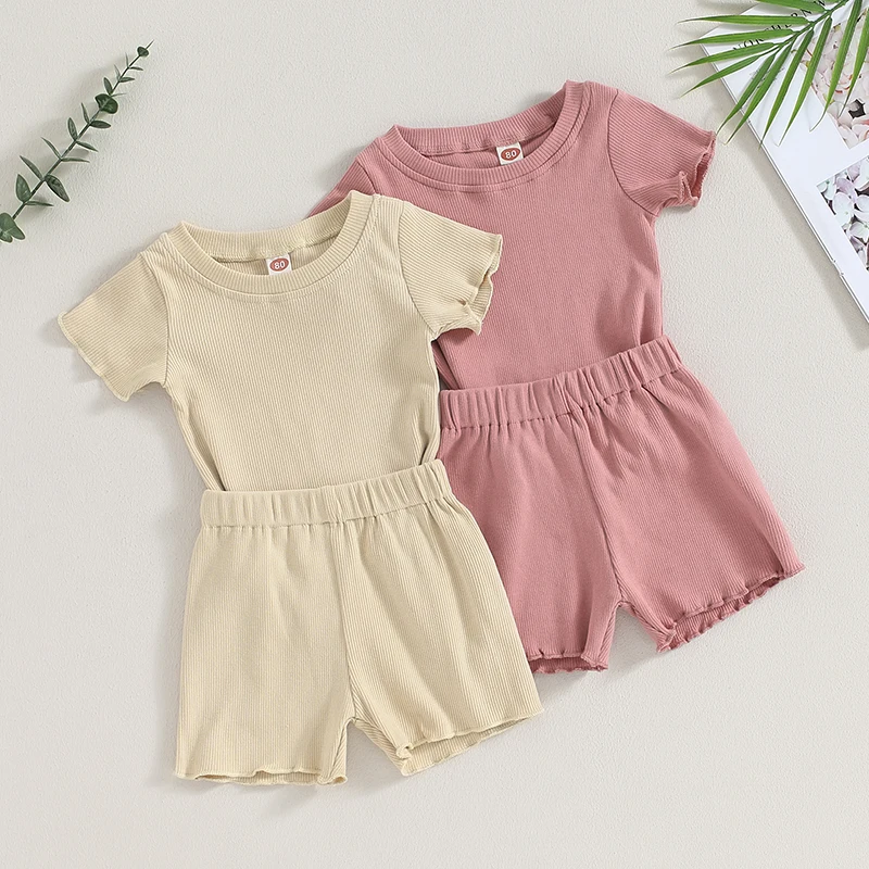 Conjunto de 2 piezas para niña pequeña, traje con dobladillo con volantes, cuello redondo, manga corta, camiseta acanalada de Color sólido y pantalones cortos de cintura elástica, 12 meses a 5 años