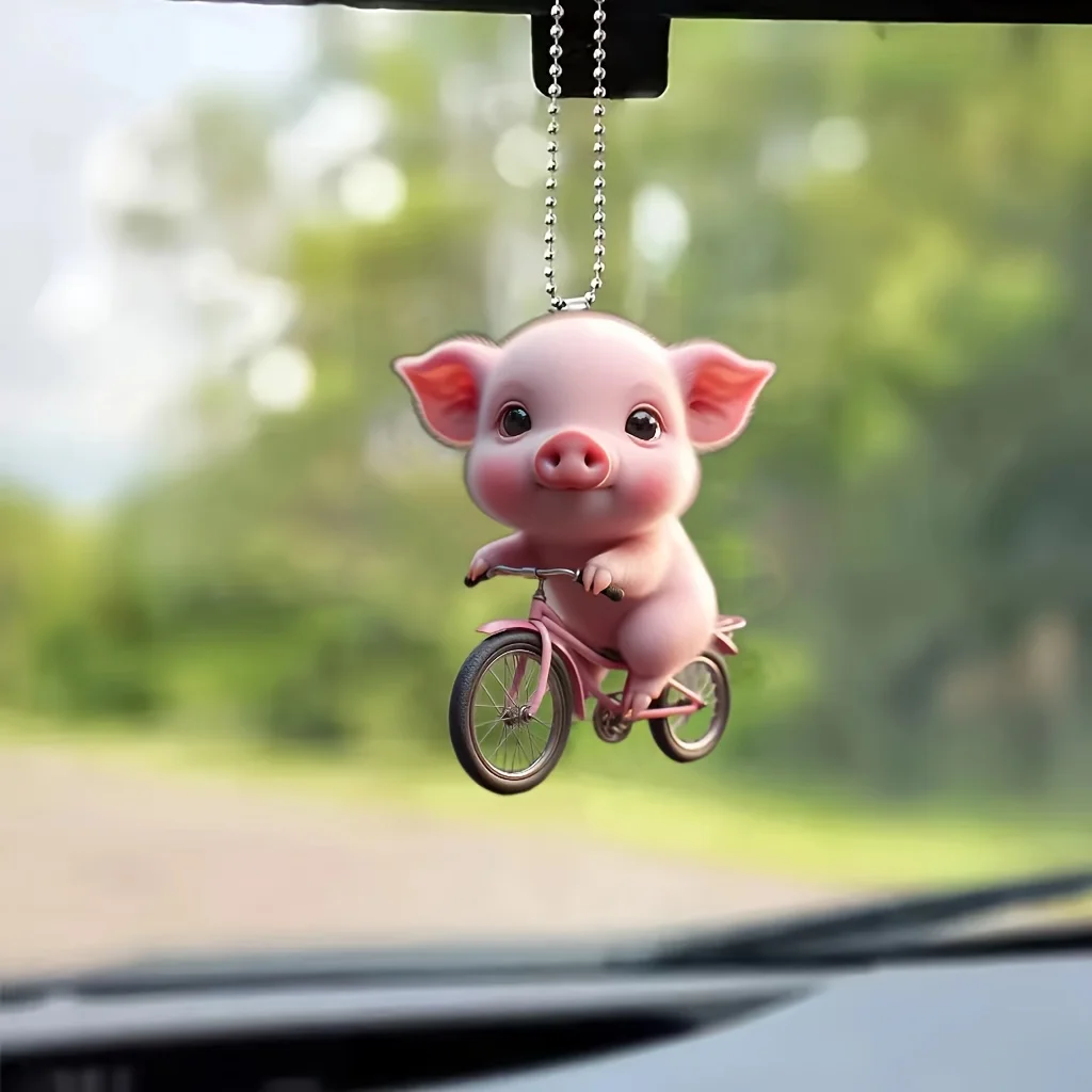 2D Acrylic Bicycle Little Pig Car Rearview Mirror Decorative Pendant, Bag Keychain Pendant, Home Decoration Pendant