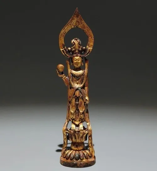 Old Chinese Dynasty Bronze Ware 24 K Gold Guanyin KwanYin Goddess Buddha Statue