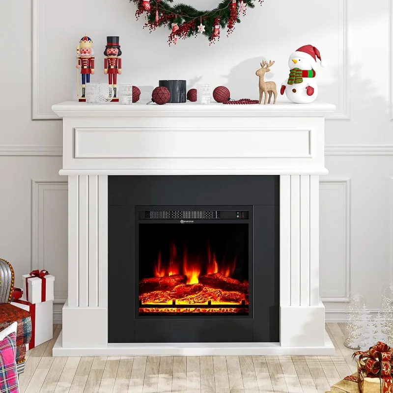 Electric Fireplace with Mantel, Fireplace TV Stand with 18’’ Electric Fireplace Heater, 3D Realistic Flame, Freestanding