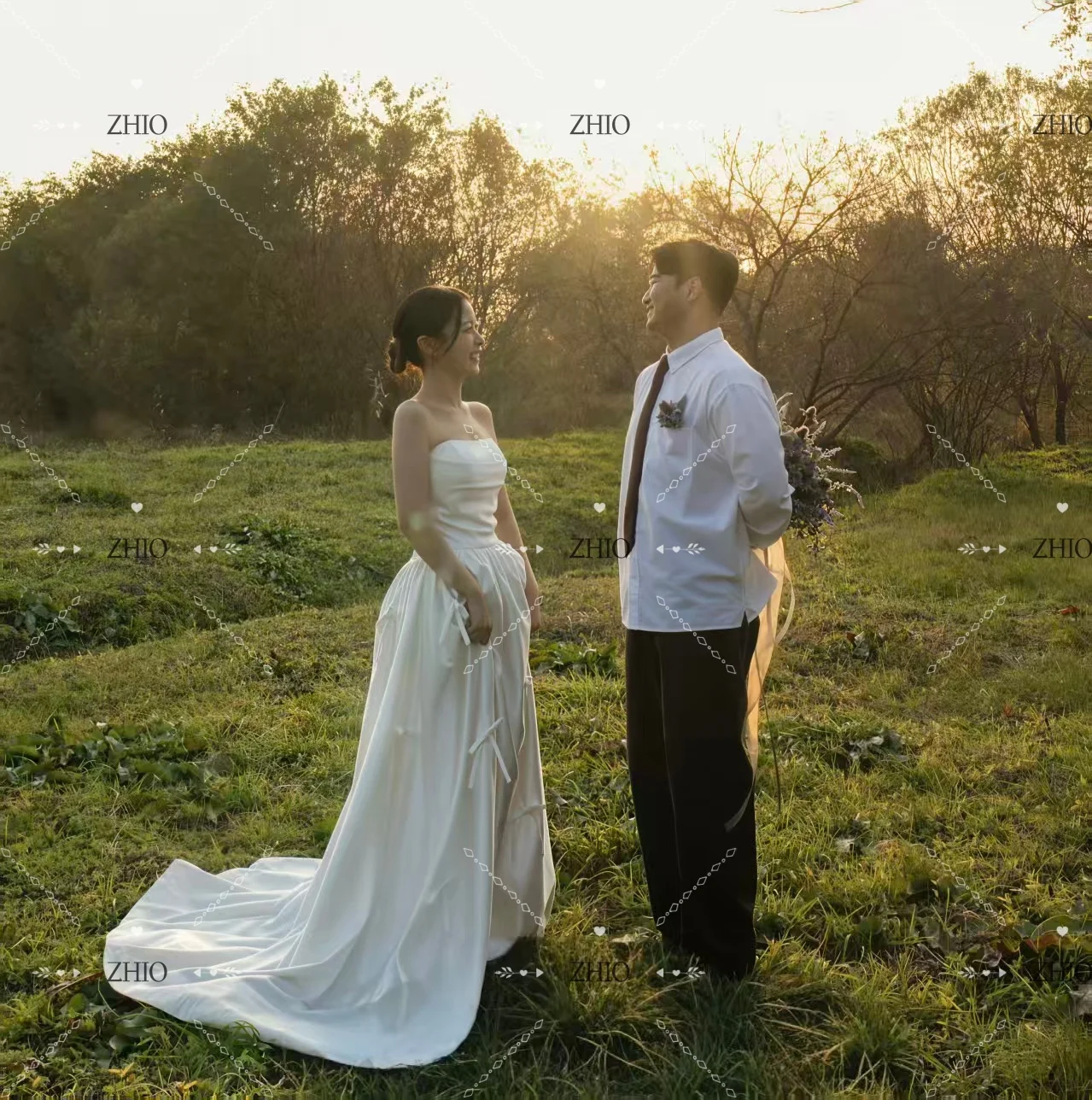 ZHIO فستان زفاف بفيونكة بسيطة بدون حمالات سويب تراين عاجي من الساتان كوري لالتقاط الصور فستان استقبال الزفاف مخصص لحفلات الزفاف #5