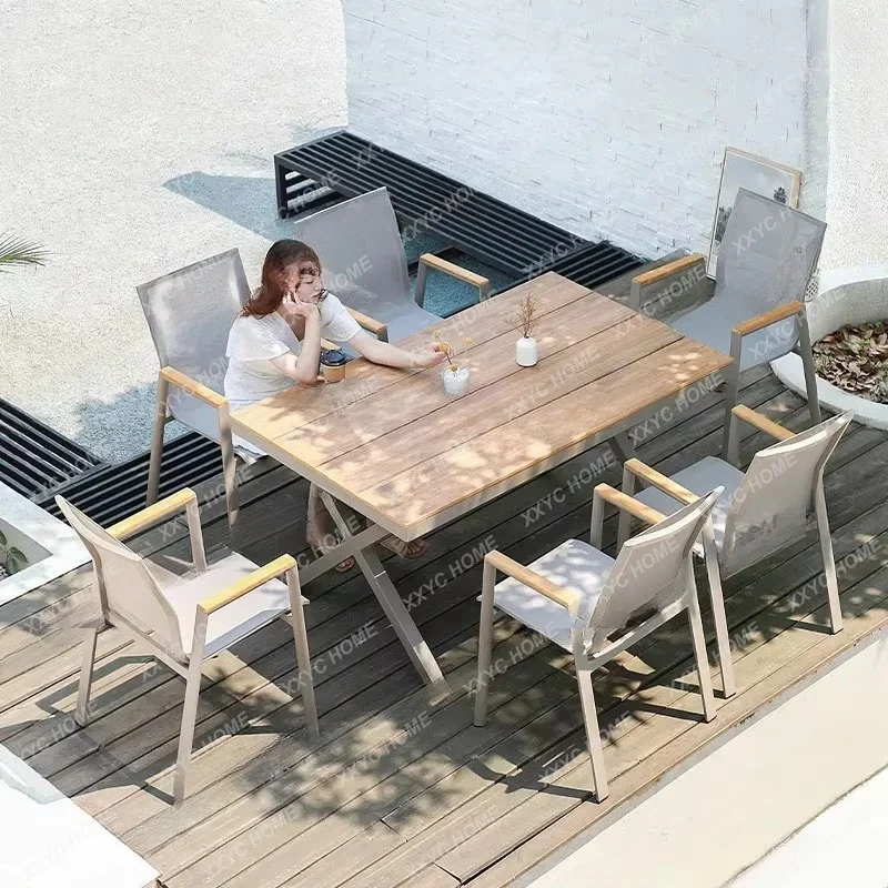 XXOutdoor tables and chairs courtyard preservative wood outdoor garden open-air cafe waterproof leisure plastic wood table and